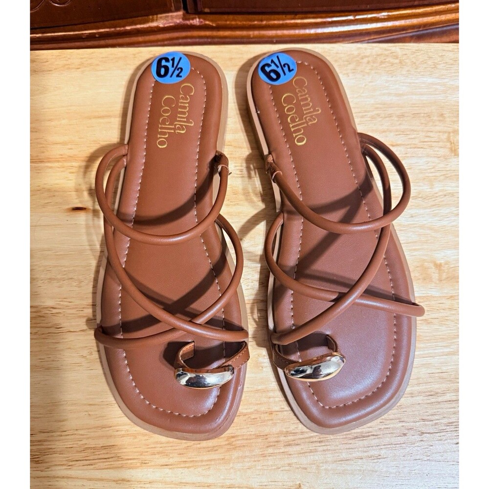 Camila Coelho Venue Brown Strappy Flat Sandals Gold-Tone Toe Ring Size 6.5